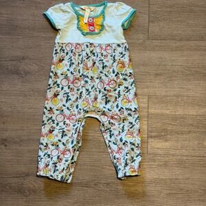 Matilda Jane 6-12 mo long pants romper snap bottom, bicycle/floral teal/yellow